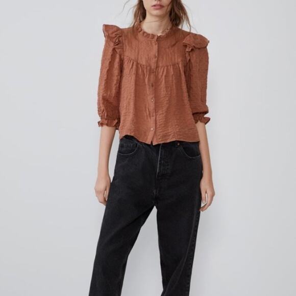 Zara textured crinkled weave ruffled shirt Small - Picture 4 of 8